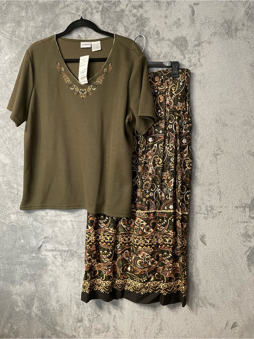 Liz Baker Olive Green Top with Paisley Brown Maxi Skirt Set